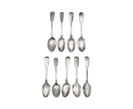 A collection of six harlequin silver fiddle pattern teaspoons. Including a set of three spoons by Elder &amp; Co, hallmarked 