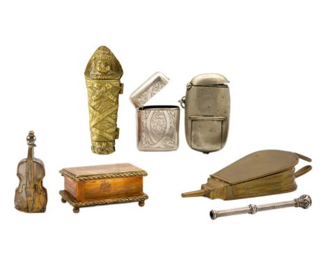 A collection of various novelty Vesta cases and a silver propelling pencil. Including a hallmarked silver, foliate scroll eng