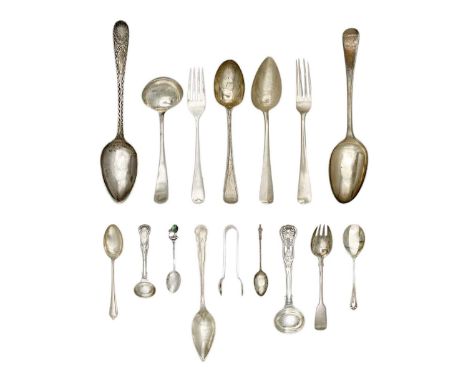 A collection of various silver flatware. To include a pair of William IV King's Pattern mustard spoons by Richard Burcombe, L