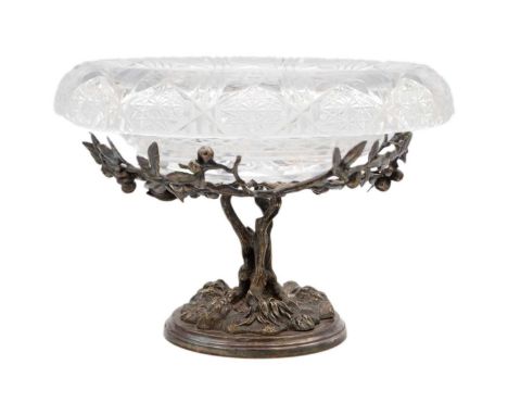 An Elkington & Co silver plated centrepiece with later cut glass bowl. Of naturistic cast vine and berry form, stamped makers