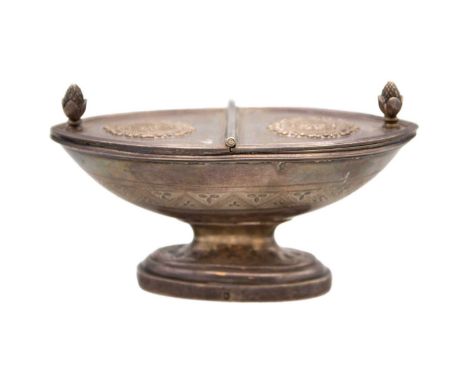 A nineteenth-century French silver incense boat. Stamped Paris circa 1819-1838, with band engraving and floral circular beade