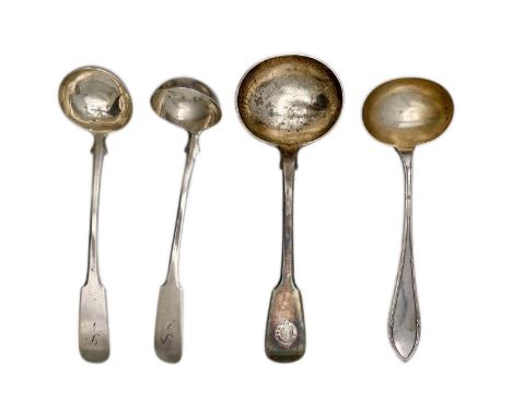 A selection of three silver ladle spoons with one silver-plated spoon. Including a sauce ladle spoon hallmarked London 1834, 