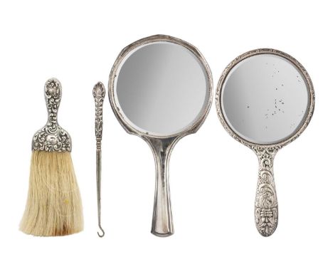 A selection of hallmarked silver dressing table wares. To include a cased six piece manicure set, Birmingham 1911; together w