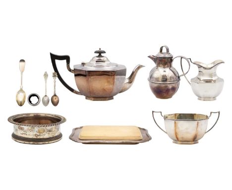 An assortment of silver-plated items. Including a teapot and milk jug, a twin-handled jar, a coffee pot, a bottle holder, a t