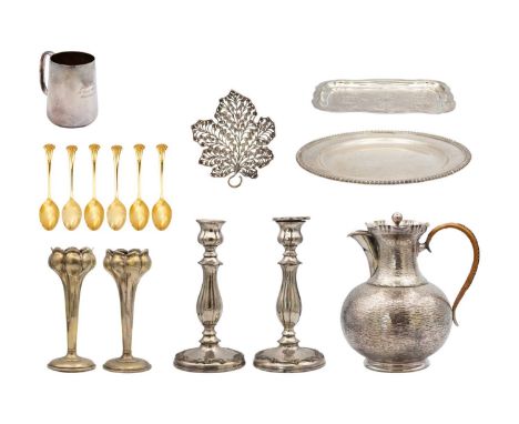 A selection of silver plate items. Including a pitcher, height 22cm, a set of six 'Supreme Cutlery' teaspoons, boxed, a pair 