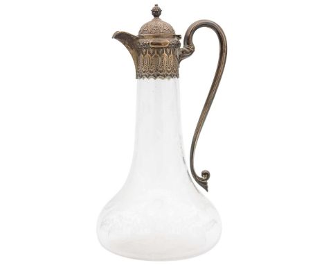 A good silver-mounted wheel engraved glass claret jug by Horace Woodward & Co. The domed hinged lid with finial, with embosse