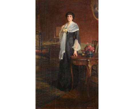 George Percy Jacomb-Hood MVO (1857-1937) Mrs Arthur Heygate standing in an interior Signed and dated 1907, with various origi
