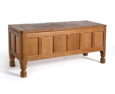 A Robert ''Mouseman'' Thompson Panelled Oak Blanket Box, on four octagonal and block feet, with carved mouse signature, 104cm