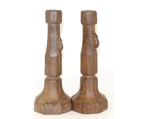 A Pair of Robert ''Mouseman'' Thompson Oak Candlesticks, circa 1948, octagonal column and base, each with carved mouse signat