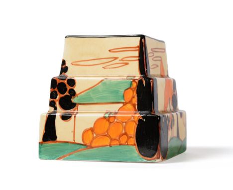 A Clarice Cliff Fantasque Bizarre Orange Trees and House Pattern 391 Square Stepped Candlestick, black printed factory mark, 