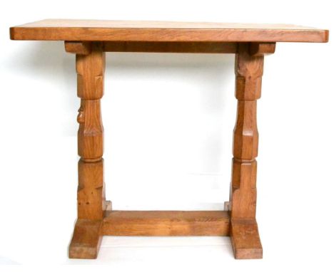 A Robert ''Mouseman'' Thompson Oak 3ft Side/Extension Table, on two octagonal legs joined by a stretcher, with carved mouse s