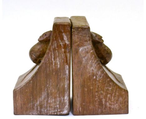 A Pair of Robert ''Mouseman'' Thompson Oak Single Mouse Bookends, circa 1948, each with carved mouse signature, 15.5cm