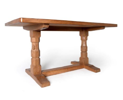 A Robert ''Mouseman'' Thompson Oak 5ft Refectory Table, on two octagonal legs, joined by a floor stretcher, with carved mouse