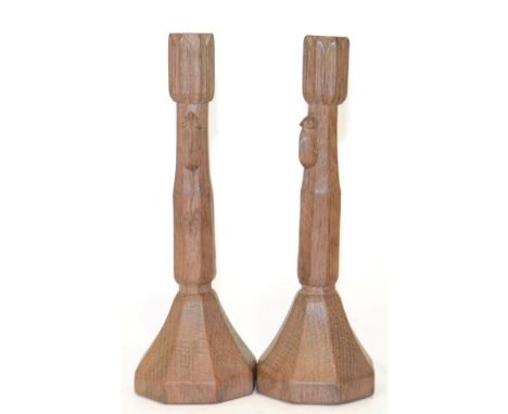 A Pair of Robert ''Mouseman'' Thompson Oak Candlesticks, circa 1948, of octagonal form with carved petal sockets, each with c