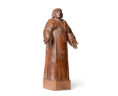 A 1930's Robert ''Mouseman'' Thompson Carved Oak Statue of a Bishop, with palms turned outward, with recessed carved mouse si