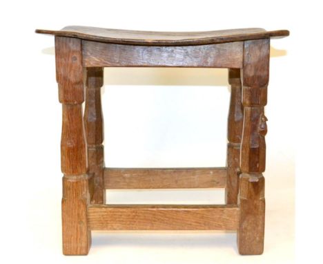 A Robert ''Mouseman'' Thompson Burr Oak Dish Top Stool, circa 1948, on four octagonal legs joined by stretchers, with carved 