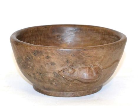 A Robert ''Mouseman'' Thompson Burr Oak Bowl, circa 1948, with carved mouse signature to the exterior, 15cm diameter, 7cm hig