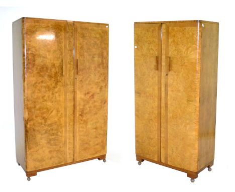 An Hungarian Art Deco Satin and Burr Walnut Bedroom Suite, comprising a Double Door Wardrobe, with rail, hooks and shelf inte