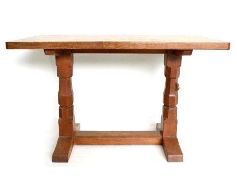 A Robert ''Mouseman'' Thompson Oak 4ft Dowelled Top Side/Extension Table, on two octagonal legs joined by a stretcher, with c