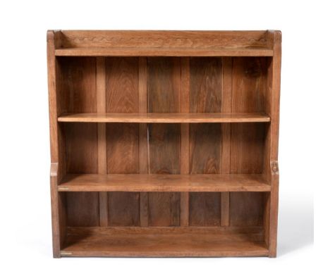 A Robert ''Mouseman'' Thompson Oak 4ft Open Bookcase, solid ends and panelled back, raised upstand, the upper section with an