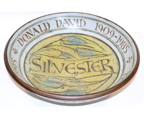 Mick Arnup (1923-2008): A Stoneware Pedestal Bowl, calligraphy text DONALD DAVID 1909-1985 and HEBE ROSA 1907-1995 SILVESTER,