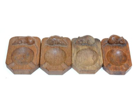 Four Robert ''Mouseman'' Thompson Oak Ashtrays, of standard rectangular form, each with a carved mouse signature, 10cm 