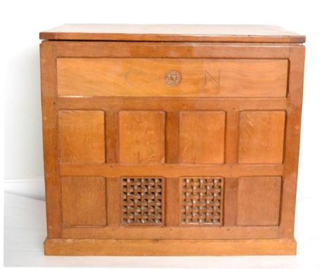 A Robert ''Mouseman'' Thompson Bespoke Panelled Oak Record Deck/Radio Cabinet, with lift up top revealing a Garrard Laborator