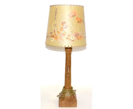 A Robert ''Mouseman'' Thompson Oak Large Table Lamp, octagonal column on a square base with carved leaf decoration, with carv