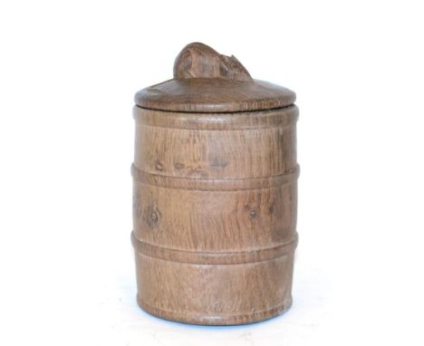 A Robert ''Mouseman'' Thompson Oak Jar and Cover, circa 1948, of cylindrical barrel form, the cover with carved mouse signatu