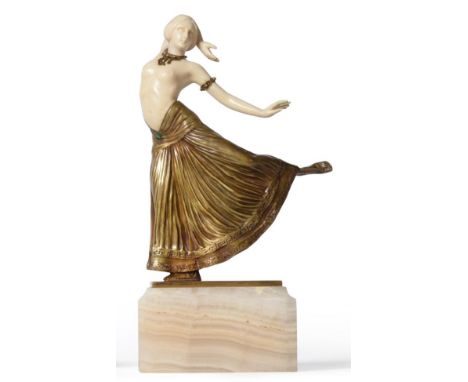 Theodor Ullmann (Austrian): An Ivory, Jewelled and Patinated Bronze Figure, circa 1925, modelled as a semi-nude dancer with f