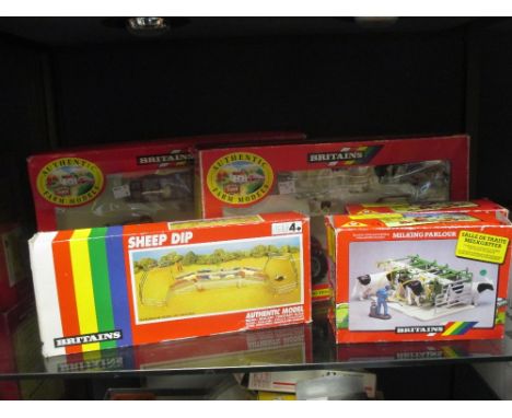 Britains, 9669 Massey Ferguson 3680 tractor gift set, boxed, 09672 Fastrac, boxed, 7160 Sheepdip, boxed, 4710 Milking parlour