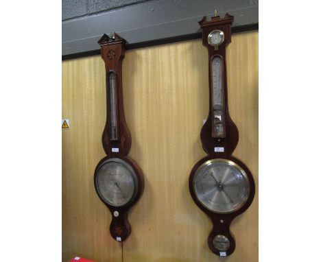 A 19th century mahogany barometer 'P Lombardini and Co Leicester' with shell inlaid body and silvered dial together with anot
