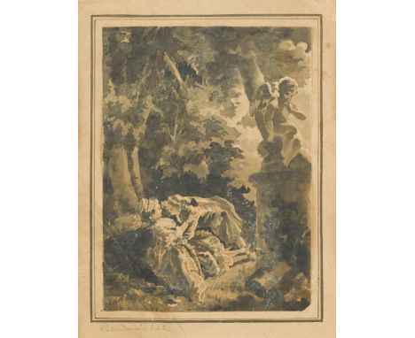 After Pierre-Antoine Baudouin (French, 1723-1769) - A pair of lovers in a pastoral setting, with a statue of Cupid averting h