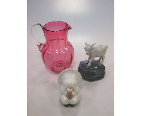 Royal Copenhagen lamb on a rock, a turkey, and glass jug (3)  