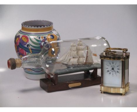 Epee brass case carriage timepiece, Poole (Carter Stabler Adams) pottery vase, and two ships in bottles (4)  