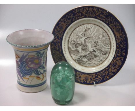 A Poole pottery vase, 18 cms, and two French green glass 'dump' weights, a Worcester 'Evesham' bowl, and a matching saucepan 