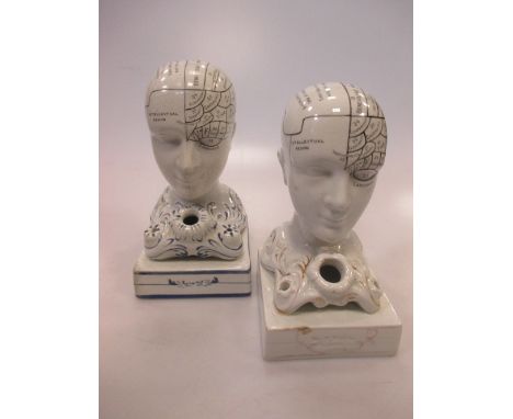 Two ceramic phrenology head spill vases, one impressed 'F Bridges, Phrenologist' (head glued) 14cm high; the other crazed, 15