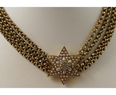 A Victorian rose gold four row belcher link choker necklace, with diamond and half pearl set star clasp, weight 38 gms.