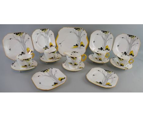 A Shelley Ideal Range part tea set, pattern No. CS057 in the Cambridge shape decorated with a derivation of the Tall Trees an