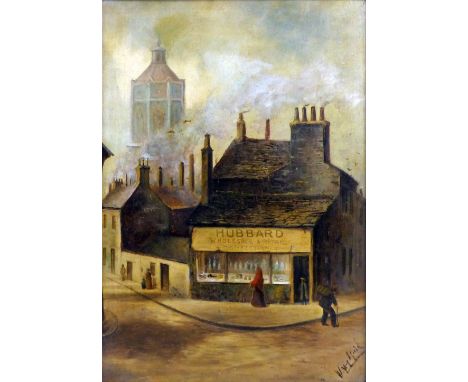 19th century English School, Sheffield street scene with the Lantern Tower, oil on canvas, indistinctly signed, 50 cm x 34 cm