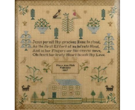 An early Victorian needlework sampler, worked by Mary Ann Male February 1847, with central religious verse surrounded by a ho