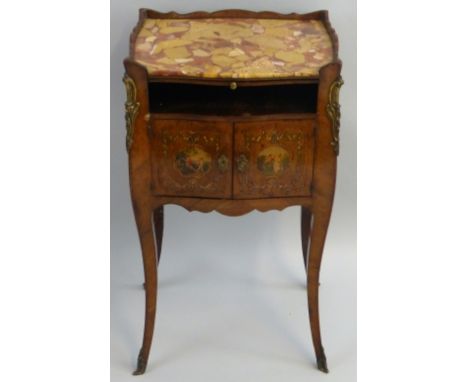 A French Louis XV style gilt metal mounted kingwood bombe bedside cabinet, painted with Vernis Martin style panels of putto w