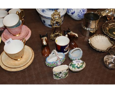 A small brass easel frame; a miniature porcelain basket; a Masons trinket box; horse busts etc. 