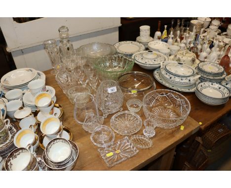 A quantity of various table glassware to include cut glass bowl, vase, and a decanter and stopper etc