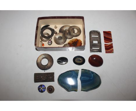 A box containing silver, white metal and enamel decorated items, agate etc.