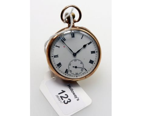 A 9ct gold open faced keyless lever watch, the white enamel dial with Roman numerals and subsidiary seconds at six o'clock, t