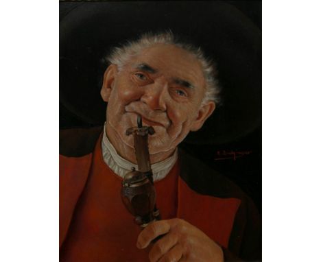 Erwin Eichinger (1892-1950) Head and shoulders portrait of a man wearing a wide brimmed hat, smoking a pipe, together with co