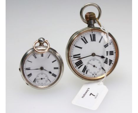 A late Victorian silver watch,  white enamel dial, Roman numerals and subsidiary seconds at six o'clock, key wind lever movem