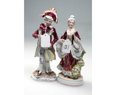 A pair of 20th century continental porcelain figures, a gallant with a lute, and his companion, Saxony marks, 27 and  25cm