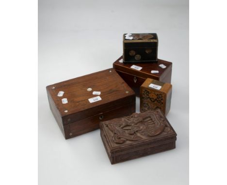A 19th century partridge wood and box strung tea canister, two playing card boxes and contents, an Edwardian rosewood sewing 